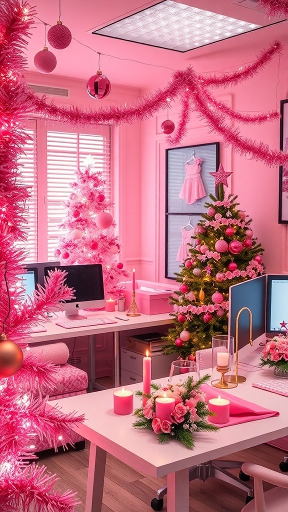 An office decorated for Christmas with pink ornaments, garlands, and candles, creating a festive atmosphere.